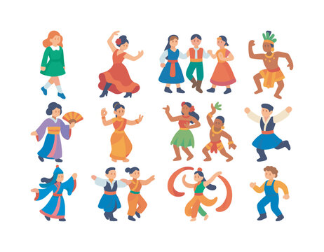 Diverse Dance Icons. Traditional dances. Colorful flat vector icons set of traditional dances: Irish step dance, flamenco pose, Balkan circle dance, Indian