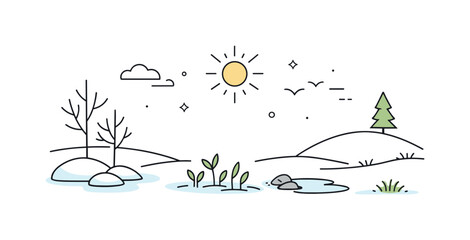 Spring's Gentle Awakening. Spring emerging illustration. A simple landscape where snow has melted and the first green shoots appear. The mood is peaceful,
