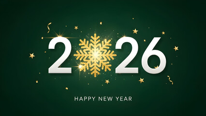 Happy new year 2026 greeting card with golden snowflake and confetti on dark green background