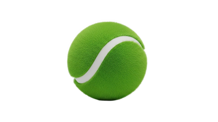 Close up of a fuzzy green tennis ball with white stripe on transparent background