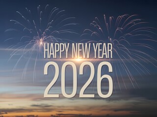 Happy new year 2026 celebration with fireworks at sunset or sunrise
