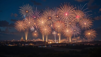 Colorful fireworks illuminate the night sky over a wide rural landscape, creating a festive celebration atmosphere with glowing sparks, smoke trails, and distant city lights