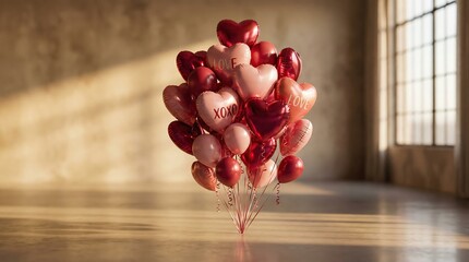 Valentine's day celebration indoor venue heart-shaped balloon arrangement bright natural light romantic ambiance