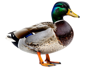 A detailed studio shot of a male mallard duck standing on a white background.