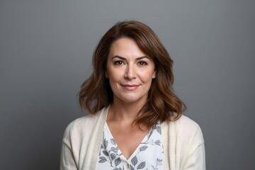Obraz premium Studio portrait of a confident middle-aged woman with a friendly smile against a neutral gray background