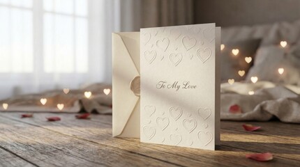 Intimate valentine card display cozy bedroom photography warm environment close-up heartfelt sentiment