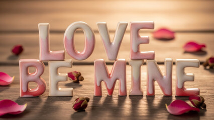 Love be mine lettering with rose petals on wooden surface