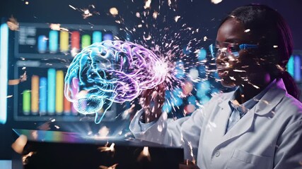 Female scientist examines holographic brain model in laboratory for artificial intelligence neuroscience research. Scientist analyzes digital brain hologram for medical technology and neurological stu - Powered by Adobe