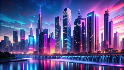 Neon Cityscape at Dusk A Futuristic Metropolis with a Cascading Waterfall Reflecting Vibrant Lights
