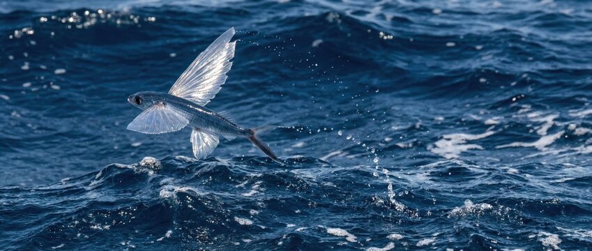 Poisson volant au-dessus de l&rsquo;oc&eacute;an bleu