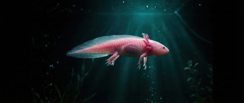 Axolotl rose flottant dans un environnement aquatique sombre