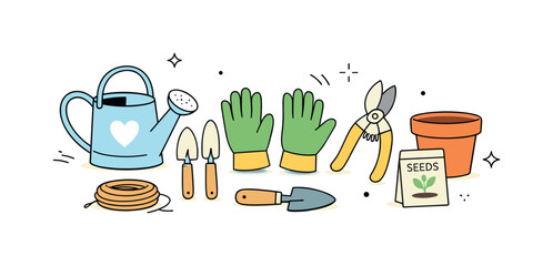 Essential Gardening Tools. Gardening tools. Minimal editorial illustration focusing on essential tools for home gardening, light and organized presentation.