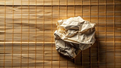 A crumpled sheet of paper rests on a woven bamboo surface, suggesting discarded ideas or forgotten thoughts.