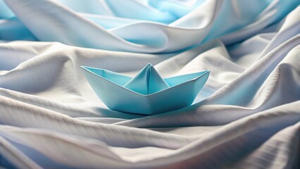 A delicately folded paper boat rests gently on a softly draped, light blue fabric, creating a serene and minimalist scene.