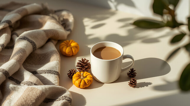 A cozy minimalist still life featuring a white ceramic mug of creamy coffee on a light beige surface, accompanied by decorative pumpkins and pinecones for an autumn vibe. A soft plaid wool blanket dra