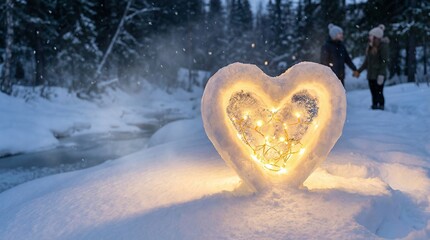 Romantic valentine’s day winter scene featuring heart-shaped snow and lights snowy forest nighttime cozy vibes