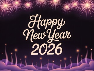Happy new year 2026 celebration with fireworks and purple decorations