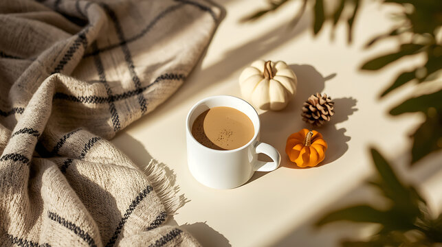 A cozy minimalist still life featuring a white ceramic mug of creamy coffee on a light beige surface, accompanied by decorative pumpkins and pinecones for an autumn vibe. A soft plaid wool blanket dra