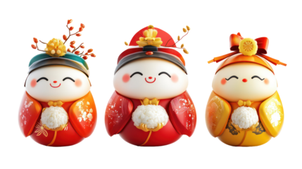 Three Adorable Kawaii Animal Characters with Expressive Eyes on transparent background