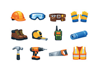Colorful Construction Icons. Construction workers. Colorful flat vector icons set of construction workers: hard hat, safety goggles, tool belt, gloves, work