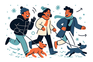 Snowy Park Stroll. Friends walking dogs in snowy park. Snowflakes swirling around, footprints and paw prints