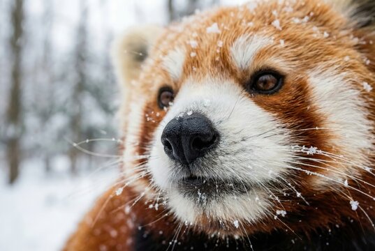 Portrait de panda roux sous la neige en hiver