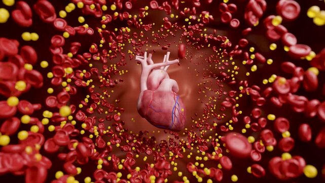 Blood and Lipid Flow Toward Beating Heart Showing Coronary Heart Disease Risk. 3D rendering