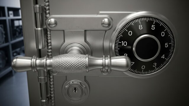 Close-up of a secure metal safe with a combination lock and handle.