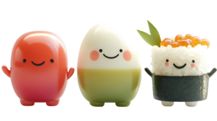 Three cheerful food character mascots with mochi sushi and tea on transparent background