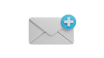 Envelope with a blue circle and white plus icon on transparent background