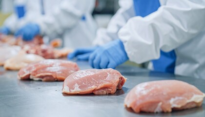 A meticulous display of fresh meat, prepared on a conveyor belt in a sanitary processing facility.