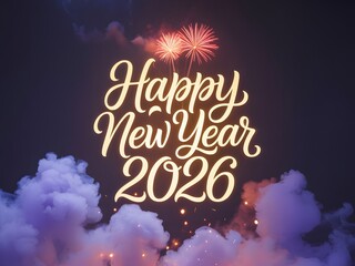 Happy new year 2026 celebration with fireworks and cloudy night sky
