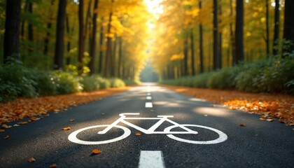 Obraz premium Empty paved bike path with asphalt road and lane markings going through autumn forest with yellow trees. Scenic route for cycling adventure into nature.