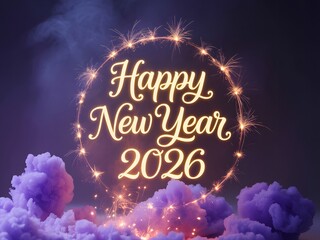Happy new year 2026 celebration with sparkling fireworks and purple clouds