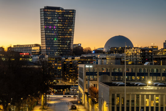 Stockholm, Sweden  A sunrise view of the Avicii Arena and the STHLM 01 building in the Globen area.