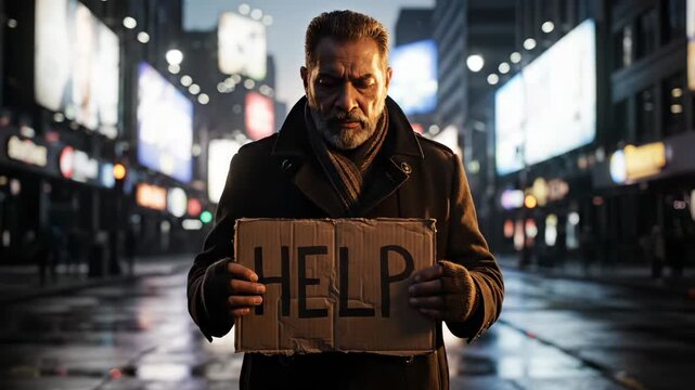 Homeless man holds help sign on city street at night. Bearded man with cardboard asks help downtown. Man holding sign stands on wet street. Homeless person needs help on night street in city.