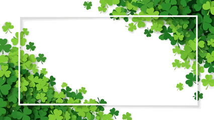 A white rectangular frame is placed on a background filled with lush green shamrocks, symbolizing luck and St. Patrick's Day.