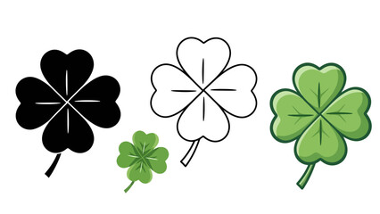 A collection of four-leaf clover illustrations in various styles, including a solid black silhouette, a simple outline, and a vibrant green depiction.