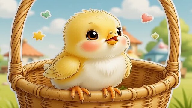 Adorable Yellow Chick Sitting in Woven Easter Basket Outdoors, Cute Baby Bird Spring Scene