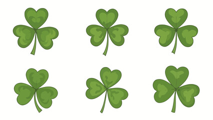 Six green shamrocks arranged in two rows on a white background, symbolizing luck and Ireland.