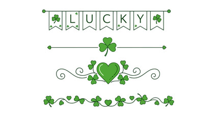 Green St. Patrick's Day decorations with shamrocks, banners, and heart-shaped elements.