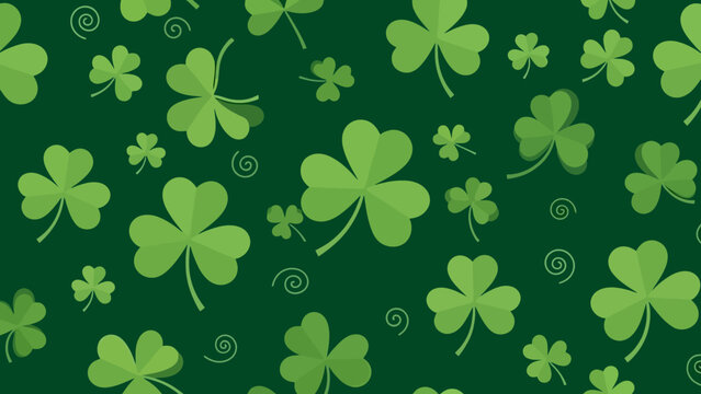 A vibrant green background featuring a pattern of various shamrocks and swirling designs.