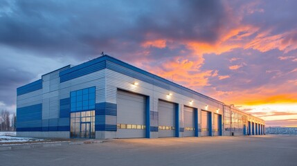 Fototapeta premium Modern industrial building with large garage doors. Dramatic sky with sunset colors. Concrete space. Architectural and commercial