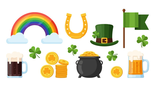 St. Patrick's Day themed illustration featuring a rainbow, pot of gold, and other festive symbols.