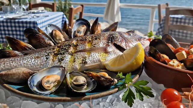 Seafood display on ice featuring shrimps oysters mussels and vegetables