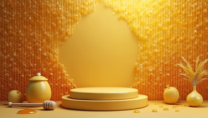 Minimalist yellow product display pedestal with honeycomb background. Includes honey pot, dipper, and dry grass in vase. Clean backdrop for cosmetics, food or wellness items.