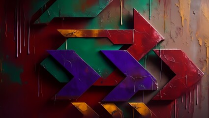 Abstract geometric arrows with paint drip texture and 3D layers in colorful graffiti style