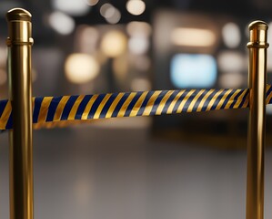 Caution tape stretched between golden stanchions in a blurred indoor setting representing restriction