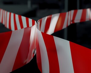 Red and white striped barrier tape in a dark blurred setting representing caution and safety
