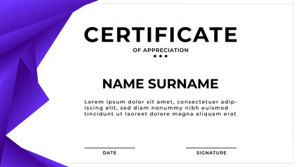 BUSINESS CERTIFICATE OF APPRECIATION BACKGROUND WITH GEOMETRIC SHAPES GRADIENT PURPLE COLORFUL TEMPLATE DESIGN VECTOR 